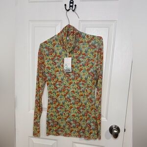GANNI Mesh Floral Long Sleeve Turtleneck Shirt Women’s Size 36